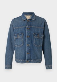 Blue denim jacket with button front, two buttoned chest pockets, and a classic collar on a plain background.