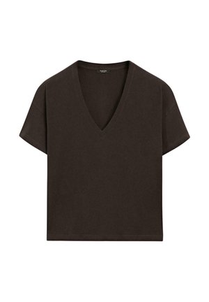 Massimo Dutti, FLOWING CROPPED FIT V-NECK T-SHIRT - T-shirts basic - dark brown