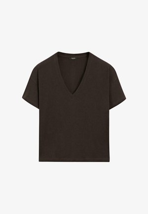 Massimo Dutti, FLOWING CROPPED FIT V-NECK T-SHIRT - T-shirts basic - dark brown