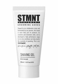 STMNT Grooming Goods Rasiergel-Tube, 30 ml, weiße Verpackung mit schwarzem Text und Produktbeschreibung auf der Vorderseite.
