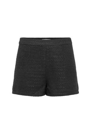 Shorts noirs texturés avec une taille lisse, présentant un motif subtilement tissé et une coupe droite. Pas de poches ni de matériel visible.