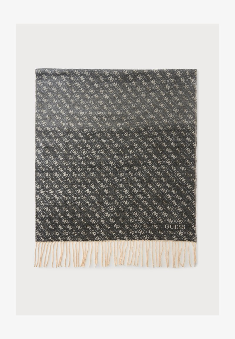 Écharpe gris foncé avec un motif répétitif gris clair "G", bords frangés et logo "GUESS" en bas à droite.