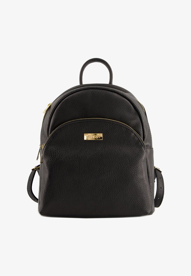Black leather backpack with a textured finish, rounded shape, front zip pocket, and gold-tone hardware. Features top handle and adjustable straps.