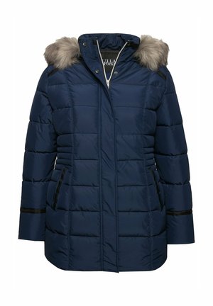 Giacca puffer navy con cappuccio foderato in pelliccia sintetica, motivo trapuntato, chiusura a zip frontale e tasche laterali. Presenta strisce nere a contrasto sulle maniche.