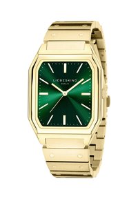 Orologio quadrato dorato con quadrante verde a raggi di sole, indici delle ore bianchi e bracciale in metallo testurizzato con dettagli a rivetto.