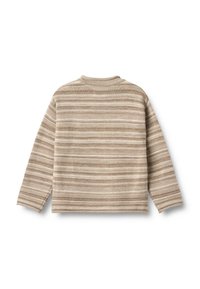 Beige gestreepte trui met lange mouwen en een ronde hals, met afwisselend horizontale lijnen in verschillende schaduwen en texturen.