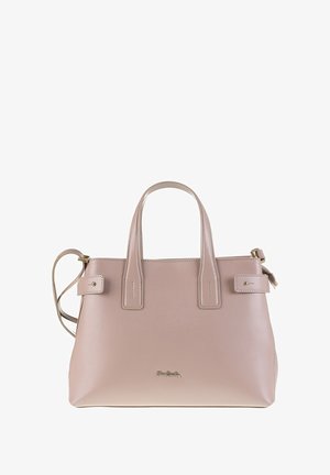 Borsa a mano in pelle rosa con due manici superiori e tracolla staccabile. Presenta un design minimalista e una delicata lavorazione a punto.