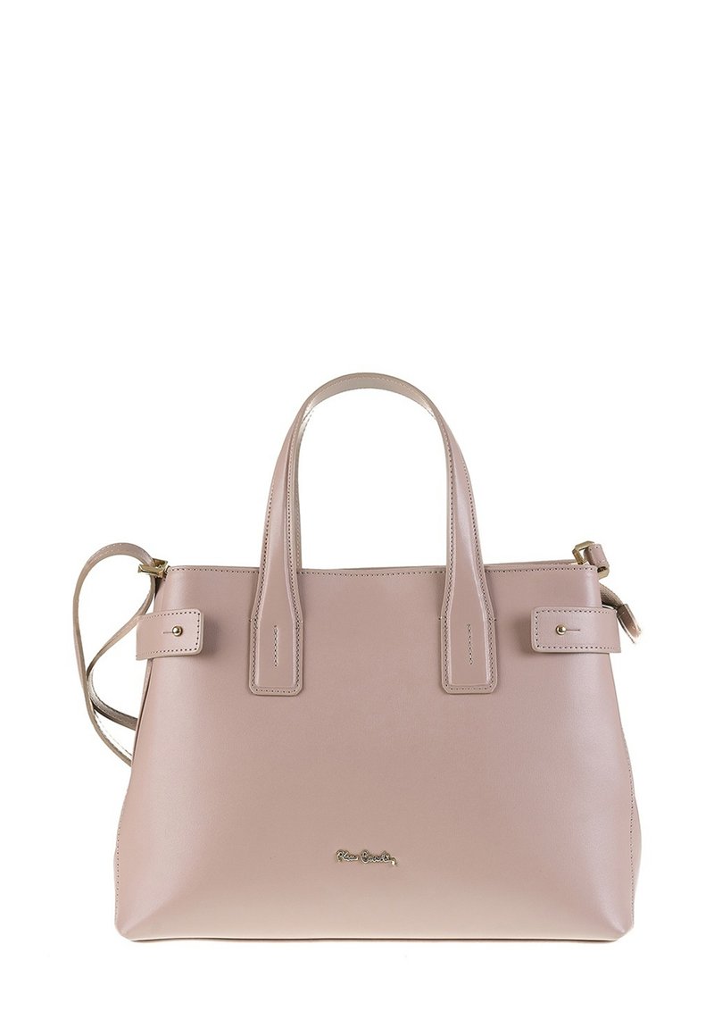 Sac à main en cuir rose avec deux poignées supérieures et une bandoulière amovible. Présente un design minimaliste et des détails de couture subtils.