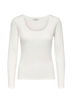 Biała koszula z długim rękawem i okrągłym dekoltem, wykonana z miękkiego, gładkiego materiału. Posiada dopasowany krój i proste, bezszwowe krawędzie.