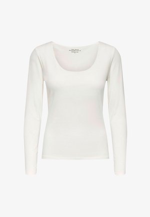 Biała koszula z długim rękawem i okrągłym dekoltem, wykonana z miękkiego, gładkiego materiału. Posiada dopasowany krój i proste, bezszwowe krawędzie.