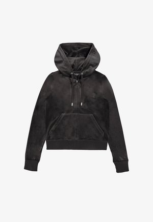 Felpa nera con zip realizzata in tessuto morbido e testurizzato. Presenta un cappuccio con coulisse, tasche anteriori e polsini e orlo a costine. Logo discreto sul petto.