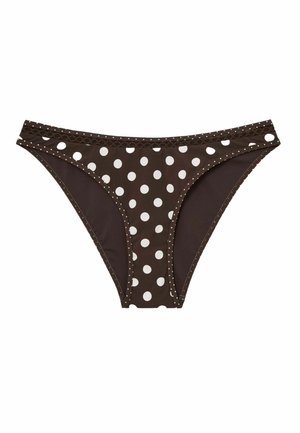 Ruskeat bikinihousut, joissa valkoiset pilkut, pitsiä vyötärönauhassa ja matala leikkaus.