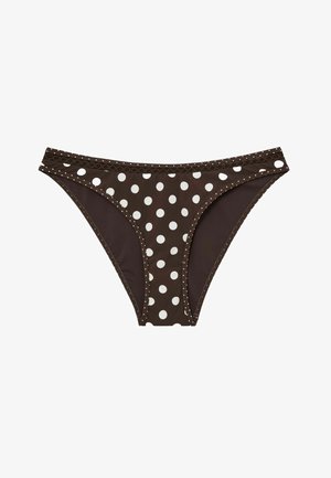 Brun bikiniunderdel med hvide prikker, blondekant langs taljebåndet og lav talje.