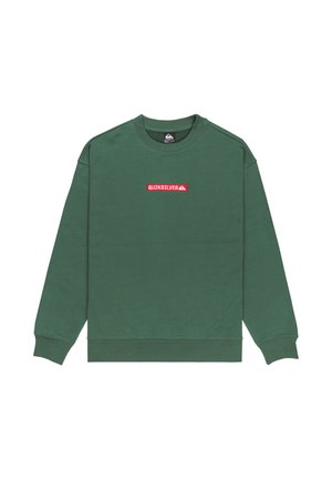 Zelená dlhá rukávová mikina s okrúhlym výstrihom s červeným logom Quiksilver umiestneným na hrudi.