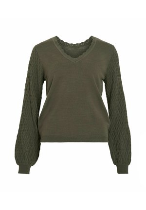 Pull en olive vert avec un col en V et des bords en coquille. Dispose de manches longues texturées avec un motif en losange. Matière tricotée douce.