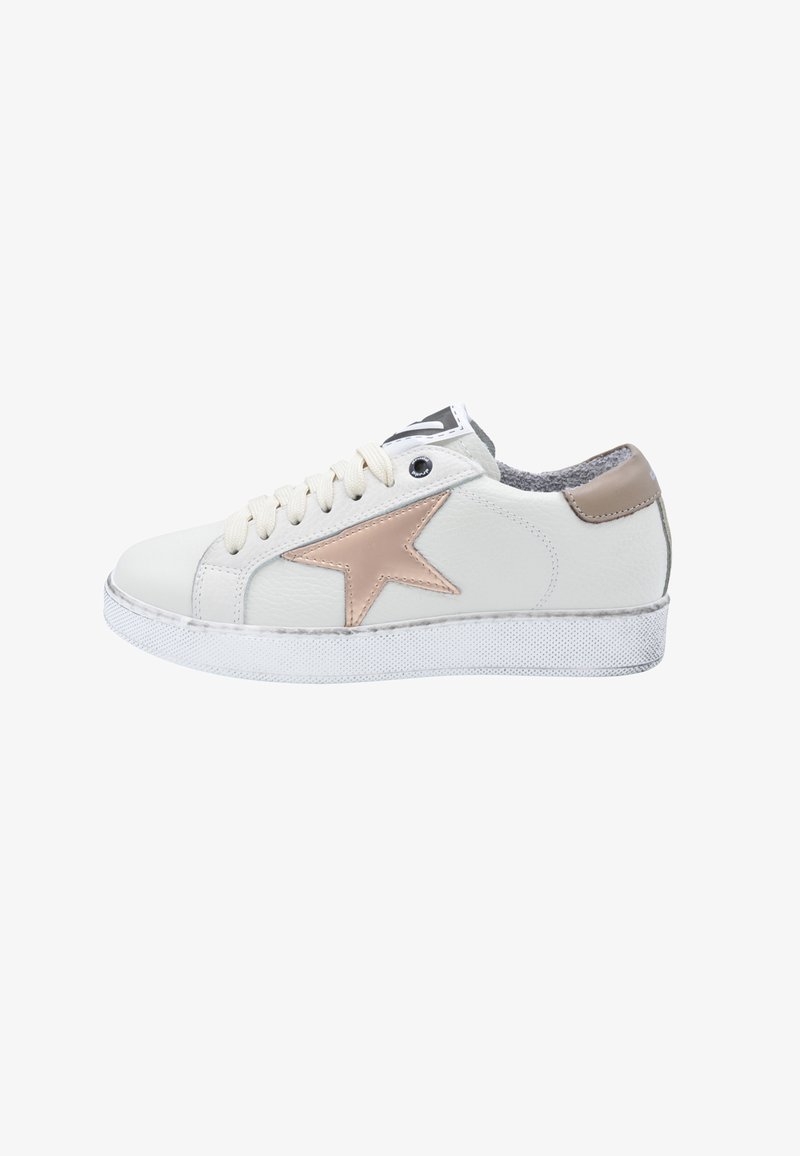 White leather sneaker with a large metallic rose gold star. Features round toe, white rubber sole, gray textile collar, and cream laces.