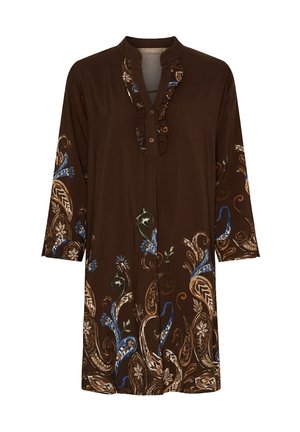 Brun tunika med rynket krave og knapper, med et blomstret paisley-mønster i blå og beige på ærmer og forside.