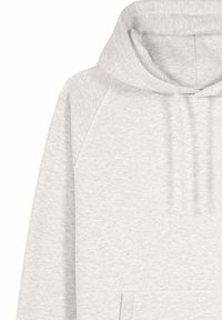 Lichtgrijze hoodie met trekkoorden en een voorvak in kangoeroestijl, voorzien van raglanmouwen en een eenvoudig, ongedecoreerd ontwerp.