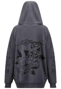 Sudadera gris de corte holgado con capucha ajustable. Presenta gráficos florales negros y el texto "Ed Hardy" y "LOVE ETERNAL."