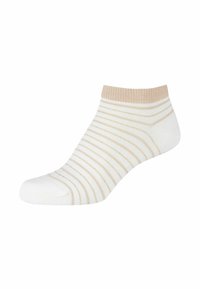 Ankelstrømpe i hvid med lysebeige striber. Lavet af blødt stof, har en ribbet kant. Sømfri tå for komfort.