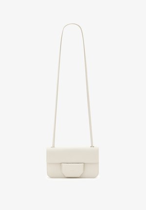 White leather crossbody bag with a rectangular shape, flat flap closure, and a detachable strap. Smooth texture with minimal hardware.