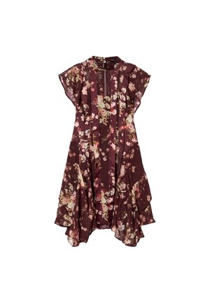 Blomstret kjole i bordeauxstof med korte flæseærmer, der har et lagdelt design og pink, creme og grønne blomsterprint over det hele.