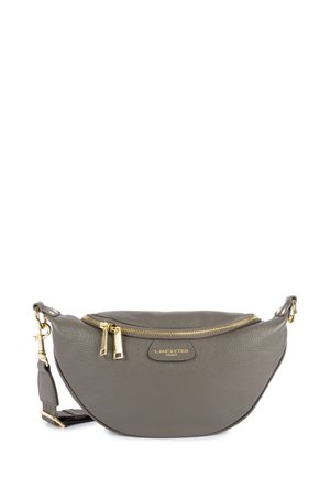 Gray leather shoulder bag with a curved shape, gold zipper hardware, and a branded label. Features a detachable strap for versatility.