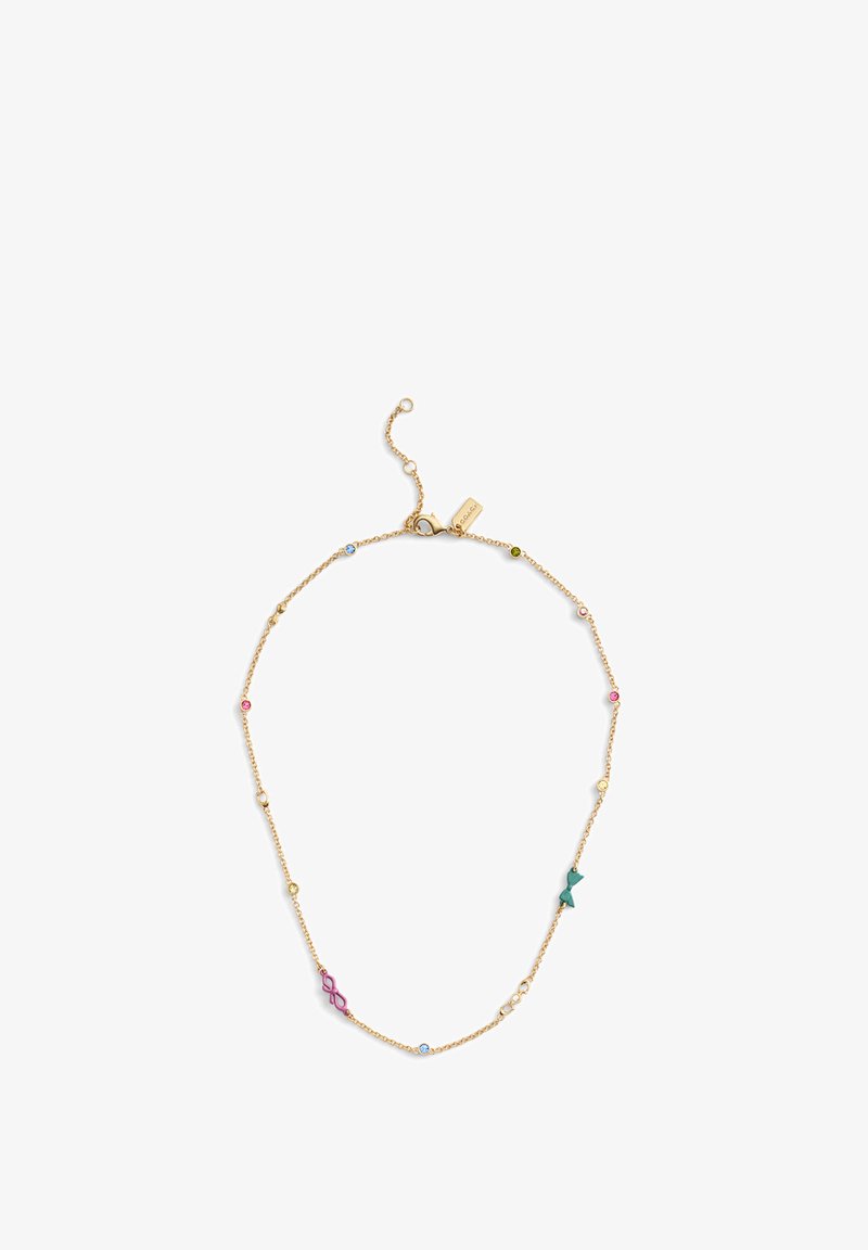 Gouden ketting met kleurrijke kralen. Beschikt over blauwe, groene, roze en gele accenten, met decoratieve vormen en een karabijnsluiting.