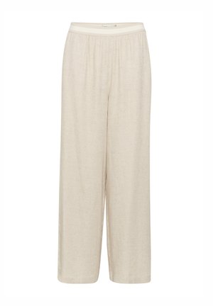 Bėginiai plačių kojų kelnės, pagamintos iš tekstūruotos medžiagos, su elastinga juosmens juosta ir plazdančiu dizainu. Paprastos ir neutralios spalvos.