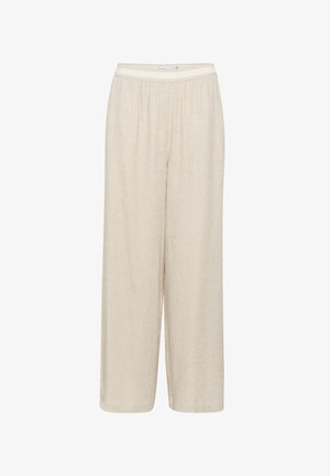 Bėginiai plačių kojų kelnės, pagamintos iš tekstūruotos medžiagos, su elastinga juosmens juosta ir plazdančiu dizainu. Paprastos ir neutralios spalvos.