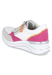 White and gray sneaker with pink and orange accents, textured suede and smooth leather, zipper detail, and a chunky white sole.