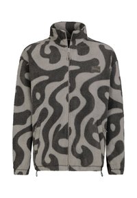 Fleecejacke in Grau mit schwarzen abstrakten Wirbeln. Mit hohem Kragen, durchgehendem Reißverschluss und Seitentaschen. Strukturierte, weiche Materialqualität.
