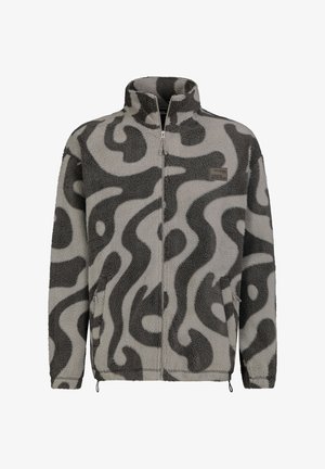 Fleecejacke in Grau mit schwarzen abstrakten Wirbeln. Mit hohem Kragen, durchgehendem Reißverschluss und Seitentaschen. Strukturierte, weiche Materialqualität.
