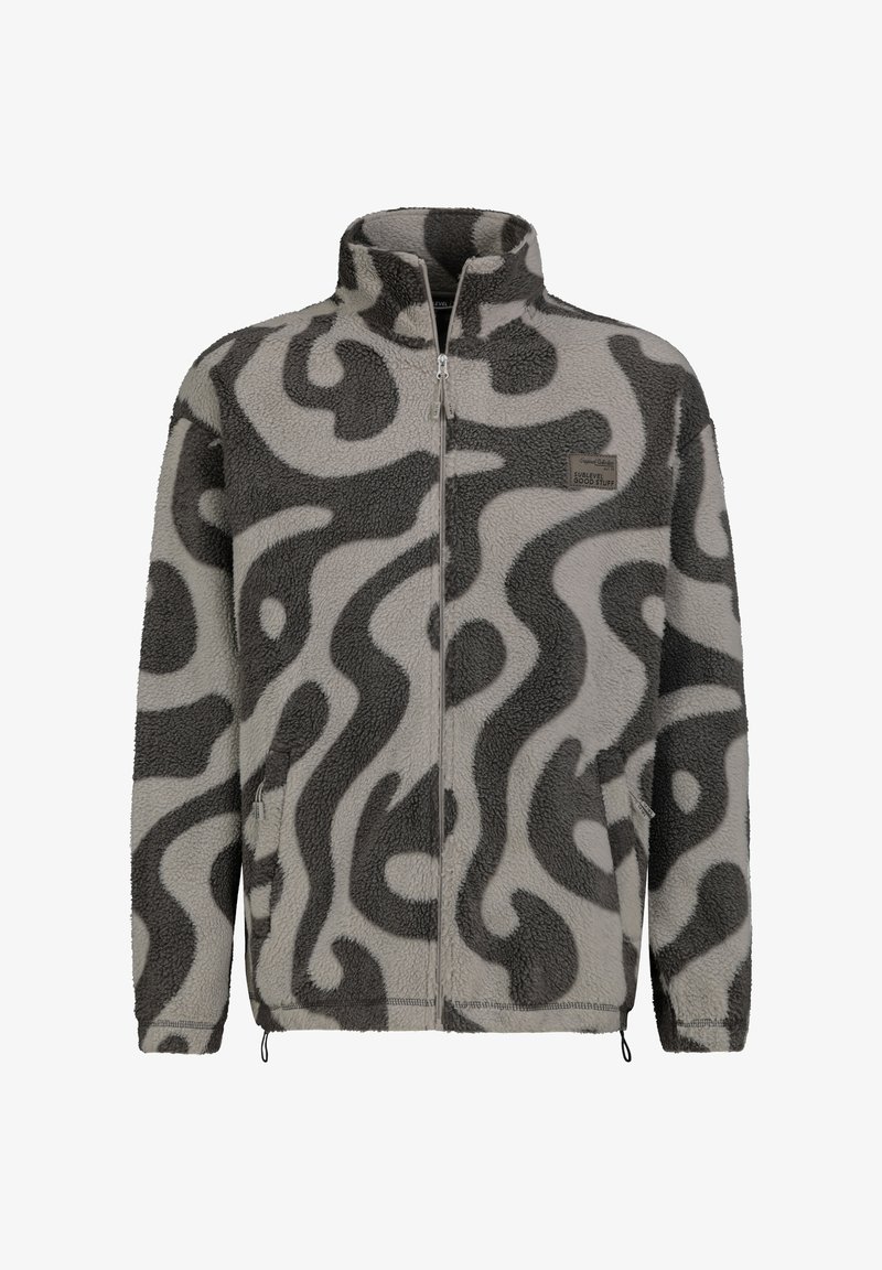 Fleecejacke in Grau mit schwarzen abstrakten Wirbeln. Mit hohem Kragen, durchgehendem Reißverschluss und Seitentaschen. Strukturierte, weiche Materialqualität.