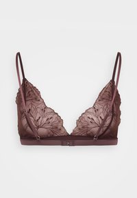 Bralette kärjellä pitsistettä syvässä mauven sävyssä, jossa säädettävät olkahihnat ja koukkulukko. Ominaisuuksiin kuuluvat kukkakuviot läpikuultavilla paneeleilla ja sileä pinta.