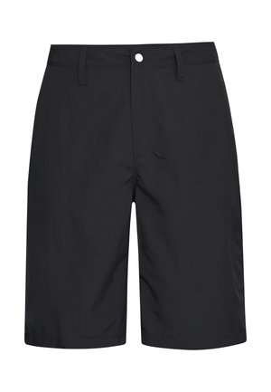 Schwarze Shorts aus leichtem Stoff mit flacher Vorderseite, Gürtelschlaufen und einem einzelnen Knopfverschluss. Glatte Textur mit minimalen Details.