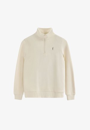 Sweatshirt zippé crème en tissu doux ; doté d'un col haut, de poignets côtelés et d'un petit logo marron sur la poitrine.