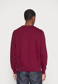 Bordowa bluza z okrągłym dekoltem o teksturowanym wykończeniu, z prążkowanymi mankietami i dołem. Posiada subtelny detal na tylnym szwie oraz luźny krój.