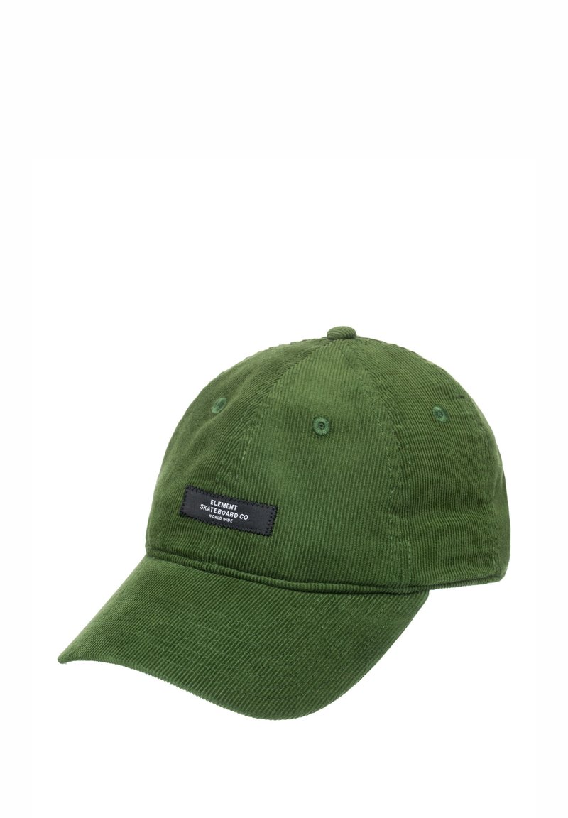 Grön manchestuv med en böjd skärm, som har två ventilationsöglor och en svart etikett med texten "ELEMENT SKATEBOARD CO."