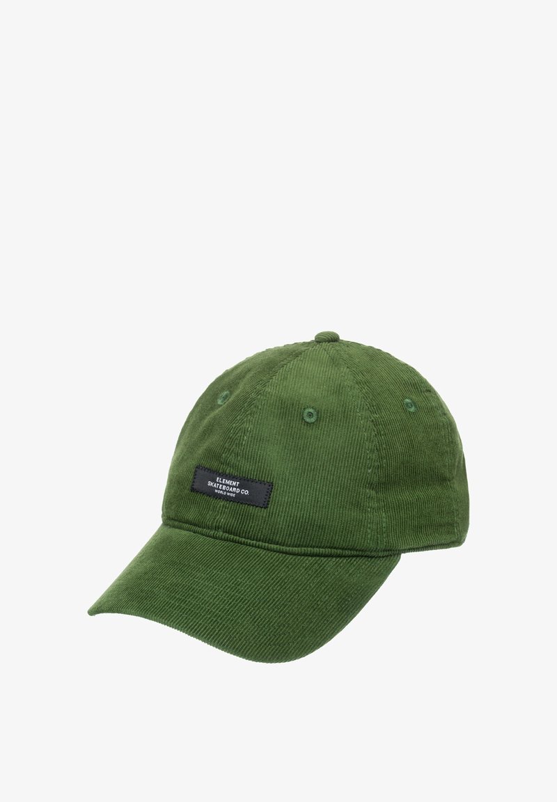 Grønne kordfløjlskasket med en buet skygge, der har to ventilationsøjer og et sort mærke, der står "ELEMENT SKATEBOARD CO."