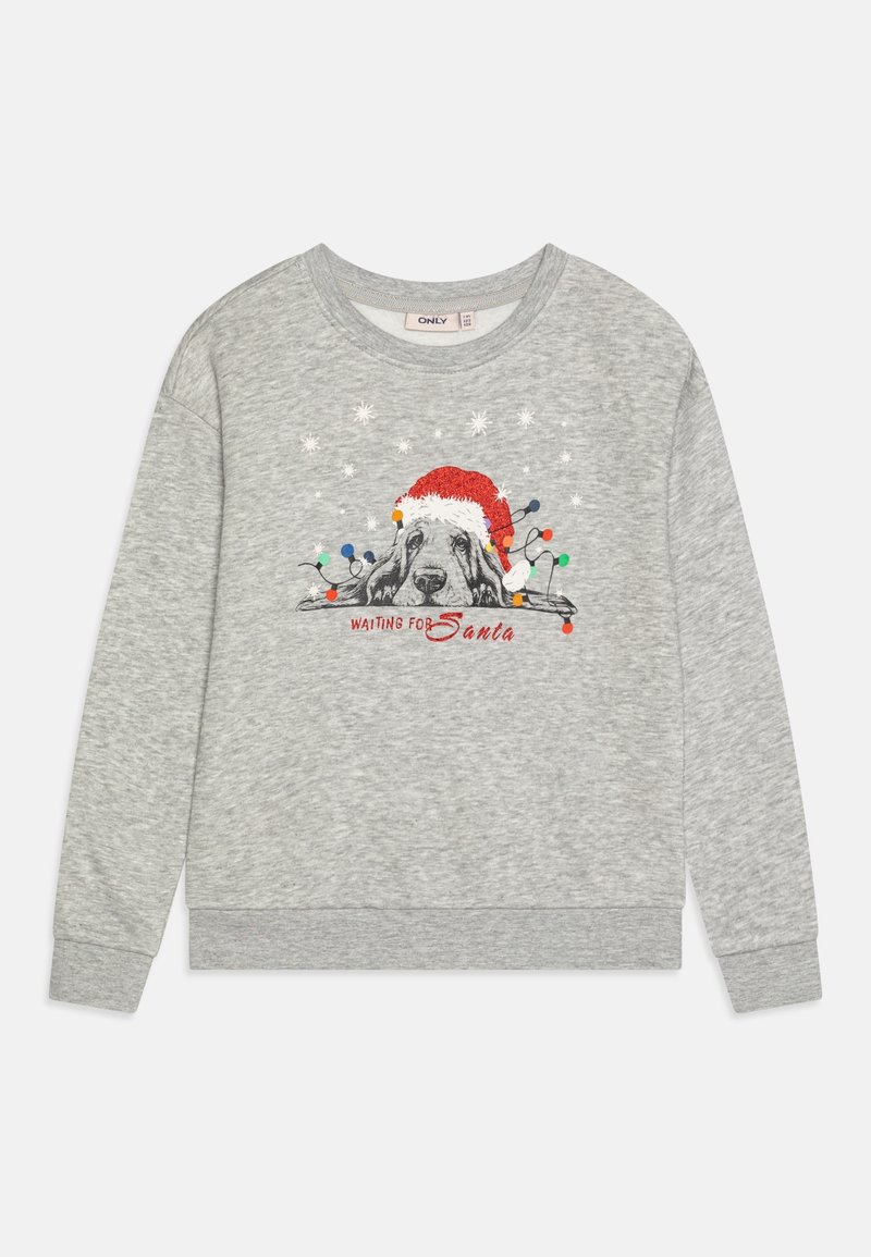 Pull gris clair avec un chien portant un chapeau de Père Noël rouge, des guirlandes lumineuses colorées, des flocons de neige et le texte « En attendant le Père Noël » sur le devant.