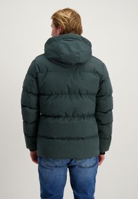 Donkergroene gewatteerde jas met capuchon, met horizontale stiksels en dikke vulling. Draagt over een spijkerbroek. Geen zichtbare logo's of patronen.