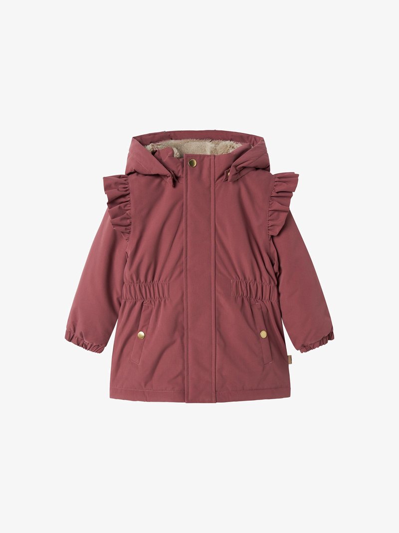 Barnas mauve hettejakke for vinteren med volanger på skuldrene, elastisk liv, og frontlommer med knapper, foret med beige fleece.