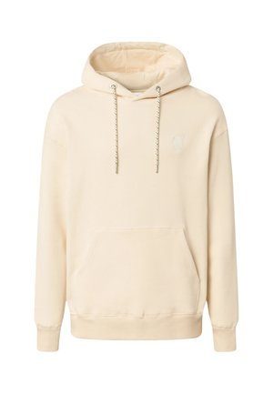 Creme-kleurige hoodie met voorzak, capuchon met trekkoord en metalen inzetstukken, en een subtiel geborduurd embleem op de linkerborst.
