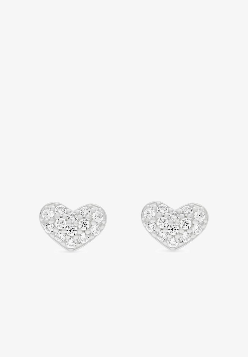 Paire de boucles d'oreilles en forme de cœur en argent, ornées de multiples petits pierres précieuses rondes claires arrangées en grappes.