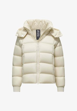 Helle beige Pufferjacke mit Reißverschluss vorne, hohem Kragen und gerippten Bündchen. Strukturierte, gestepptes Design mit Druckknöpfen an den Schultern.