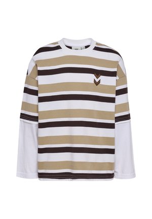 Langærmet lagdelt skjorte med beige, hvide og mørkebrune vandrette striber og to brune chevron-patches på brystet.