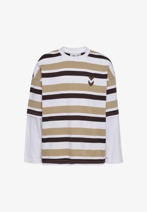 Langærmet lagdelt skjorte med beige, hvide og mørkebrune vandrette striber og to brune chevron-patches på brystet.