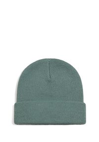 Berretto a maglia in verde tenue, con una texture a coste e un risvolto alla base. Design semplice e senza cuciture, privo di decorazioni aggiuntive.