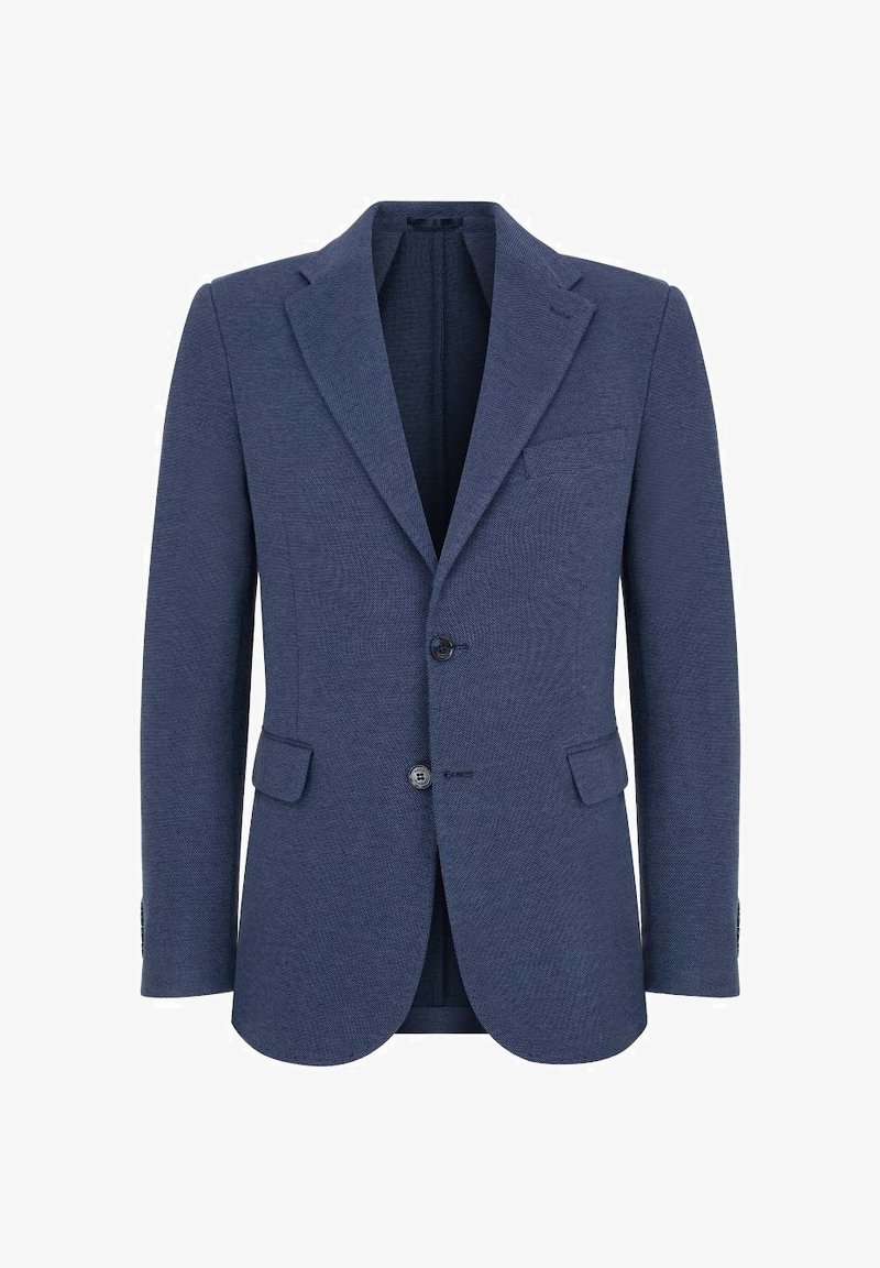 Granatowa marynarka wykonana z teksturowanej tkaniny. Posiada dwie przednie kieszenie, jednorzędowy fason oraz klapki w kształcie notcha z dwoma guzikami.